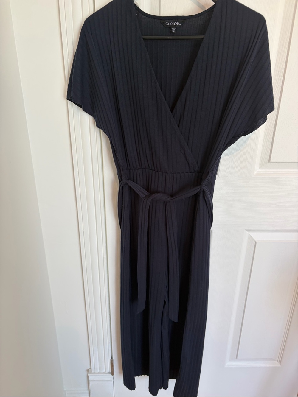 George Navy Ribbed Wrap Jumpsuit with Self-Tie Waist